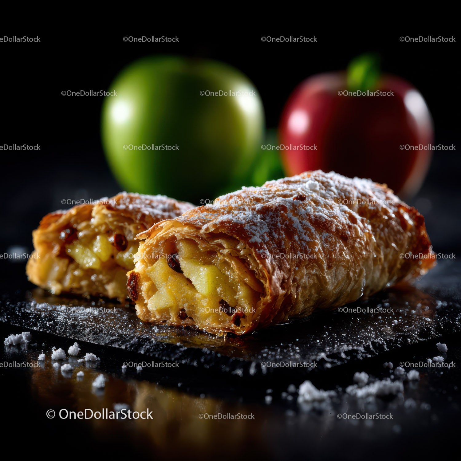 Świeży strudel jabłkowy z suszonymi jagodami i cukrem pudrem na czarnej powierzchni