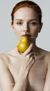 Portrait of a Red-Haired Woman Holding a Pear with Freckles and Blue Eyes
