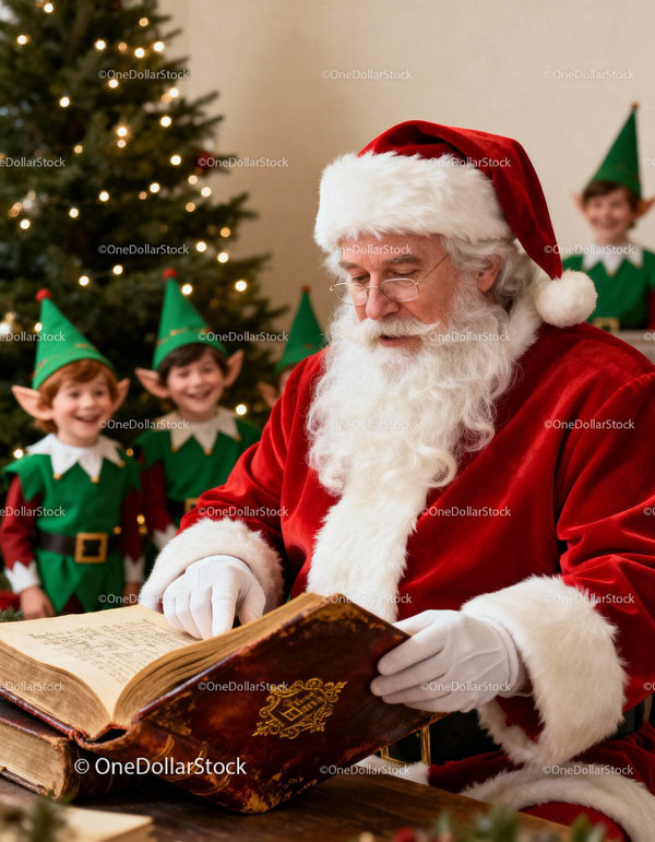 Santa Claus reading book with cheerful Christmas elves
