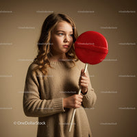 Young girl holding giant red lollipop thoughtfully