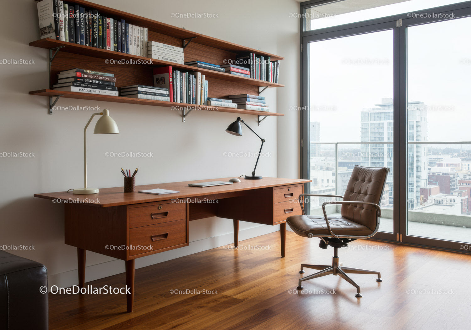 Modern home office with wooden desk and city view