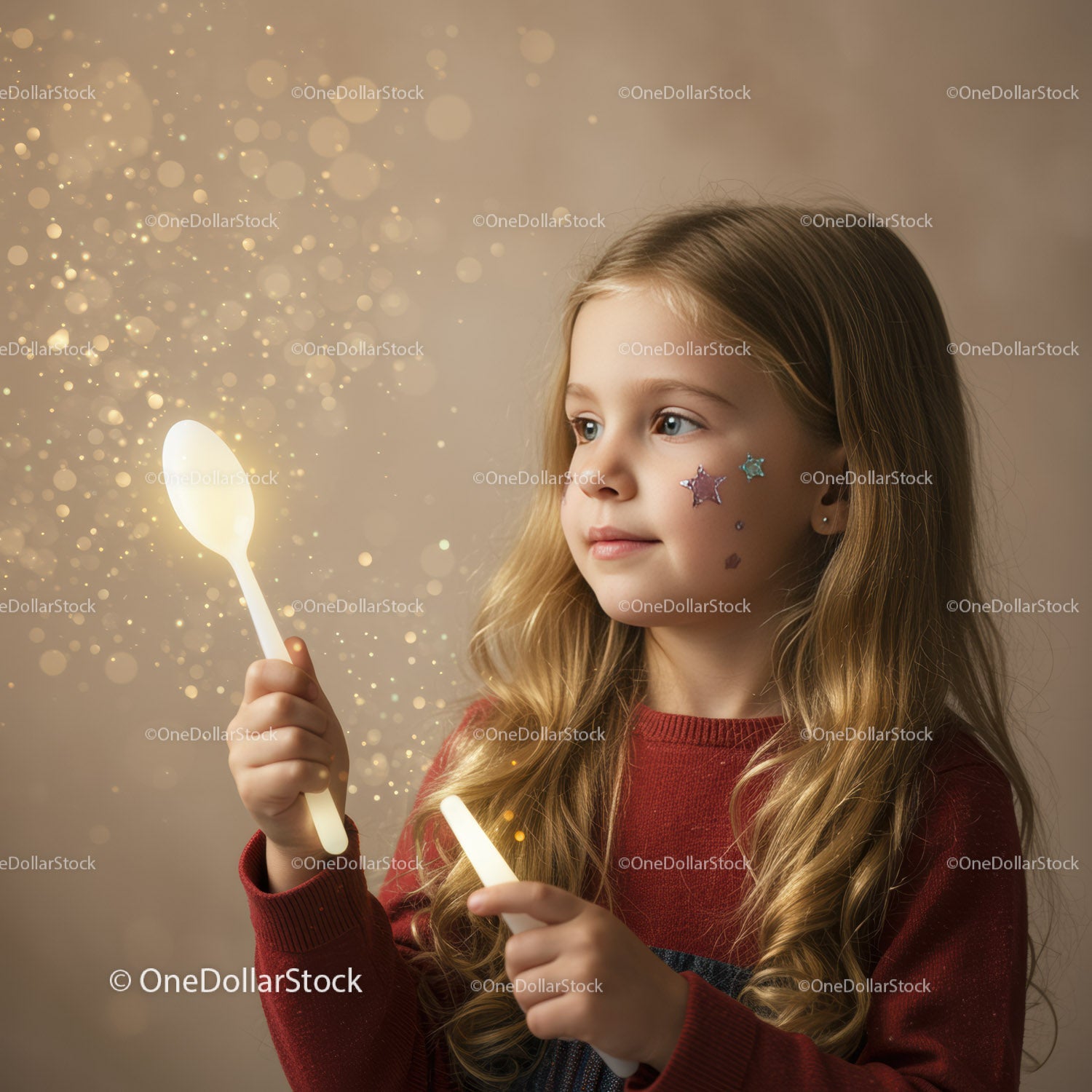Little girl holding glowing spoon and magic wand