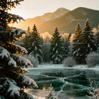 Frozen lake surrounded by snow-covered pine trees at sunrise
