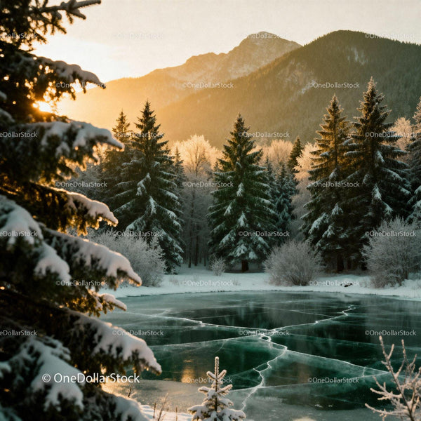 Frozen lake surrounded by snow-covered pine trees at sunrise