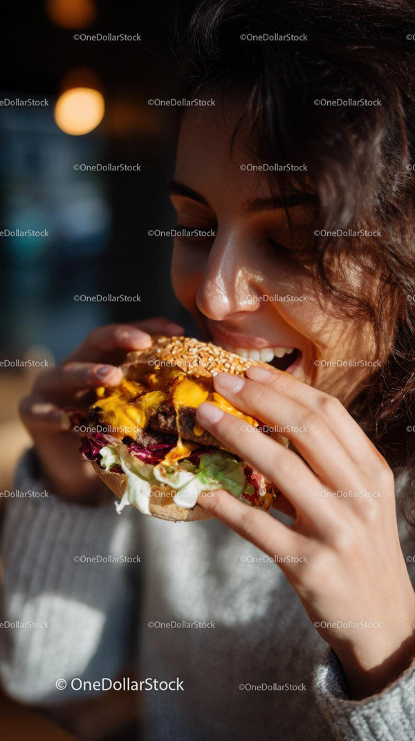 Młoda Kobieta Delektująca Się Soczystym Cheeseburgerem w Swobodnej, Zewnętrznej Scenerii