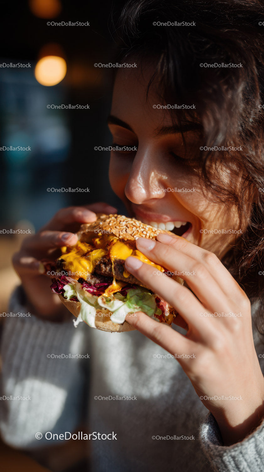 Young Woman Enjoying Juicy Cheeseburger in Casual Outdoor Setting