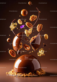 Deconstructed chocolate dessert with nuts and gold flakes