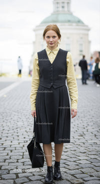 Elegant Young Woman in Vintage Business Outfit in Urban Setting