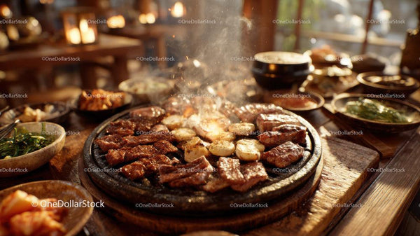 Traditional Korean Barbecue with Grilled Meat and Vegetables