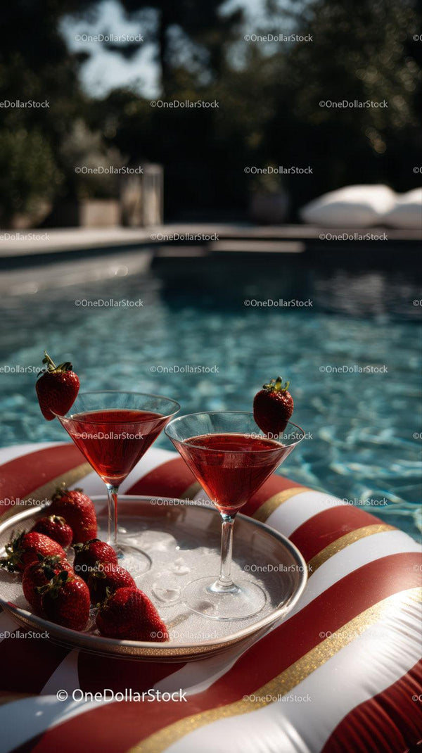 Strawberry Cocktails by Poolside with Inflatable Floating Mat