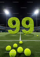 Number 99 Constructed from Tennis Balls on Court
