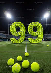 Number 99 Constructed from Tennis Balls on Court