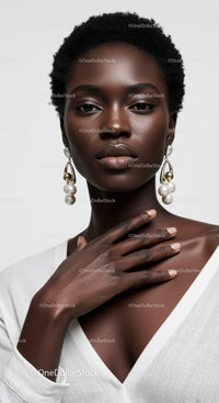 Elegant Black Woman with Pearl Earrings and Natural Makeup Portrait