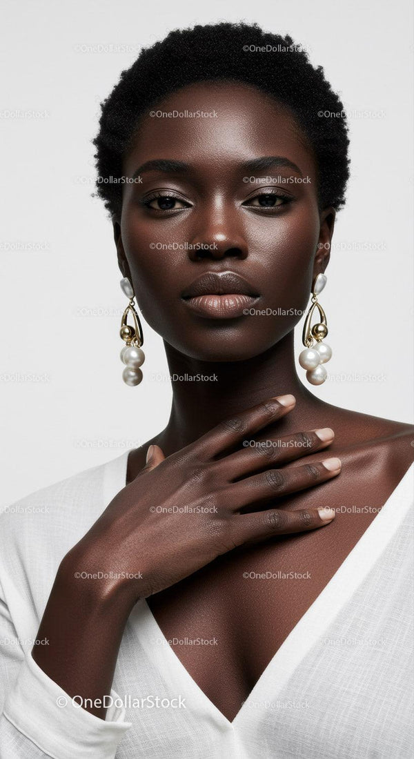 Elegant Black Woman with Pearl Earrings and Natural Makeup Portrait