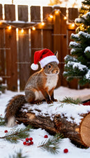Squirrel in Santa Hat Sitting on Snowy Log
