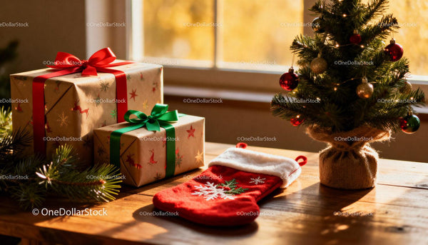 Cozy Christmas Scene with Gifts and Mini Tree