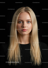 Confident young woman with long blonde hair on black