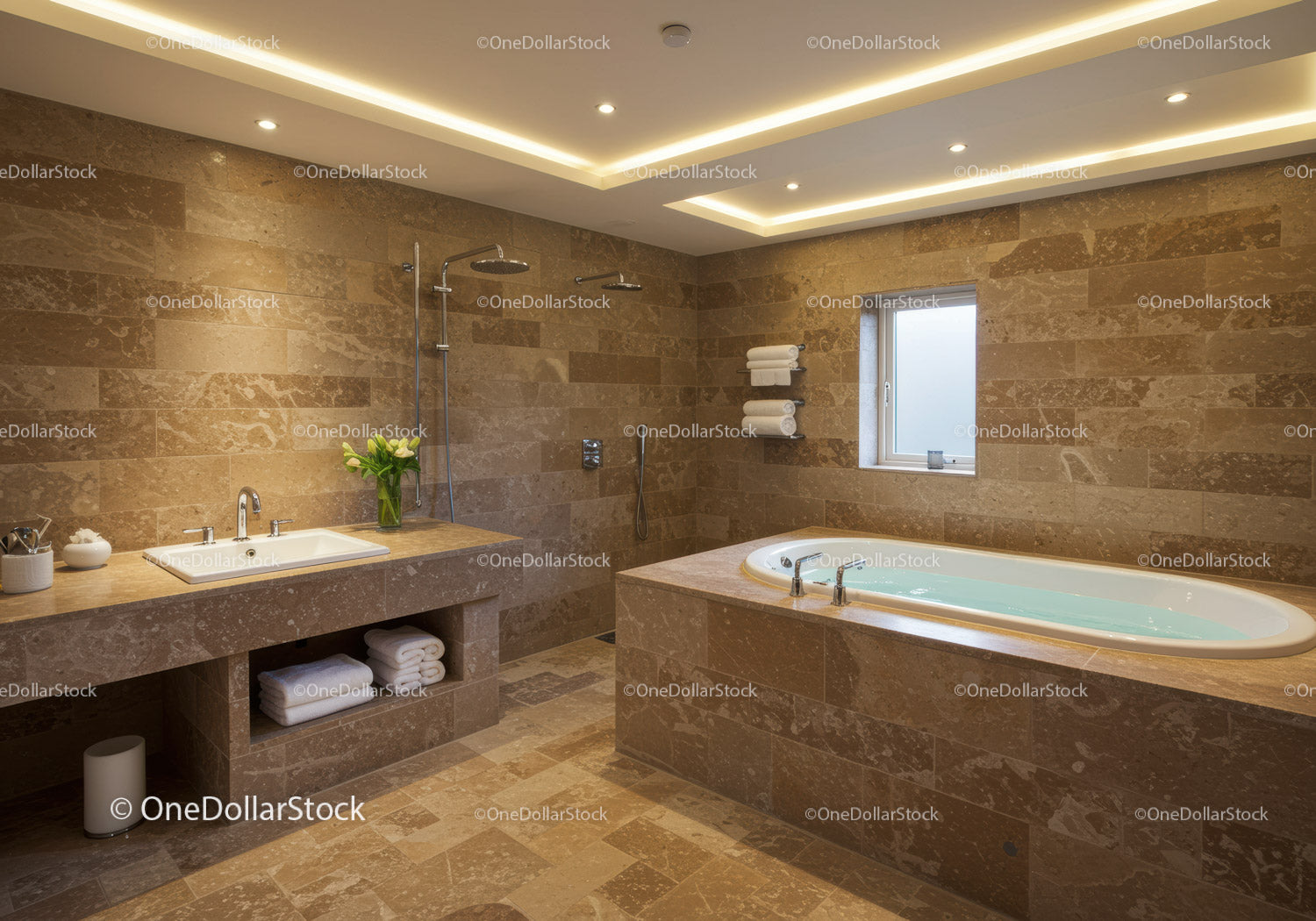 Nowoczesna łazienka typu spa z beżowymi płytkami kamiennymi i relaksującą wanną