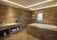 Modern Spa Bathroom with Beige Stone Tiles and Relaxing Bathtub