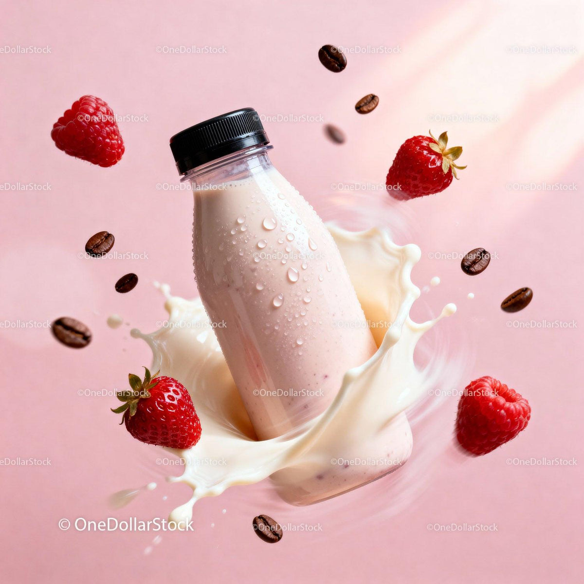 Strawberry Smoothie Bottle Splash with Fresh Fruits