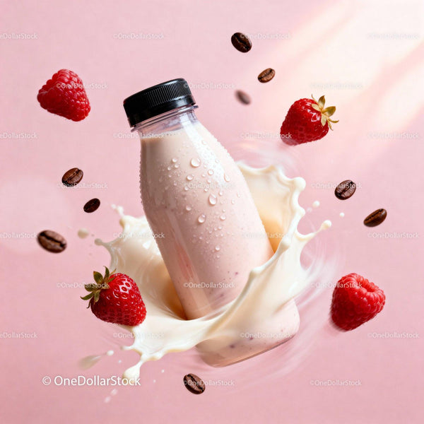 Butelka smoothie truskawkowego z wielką chmurką owoców