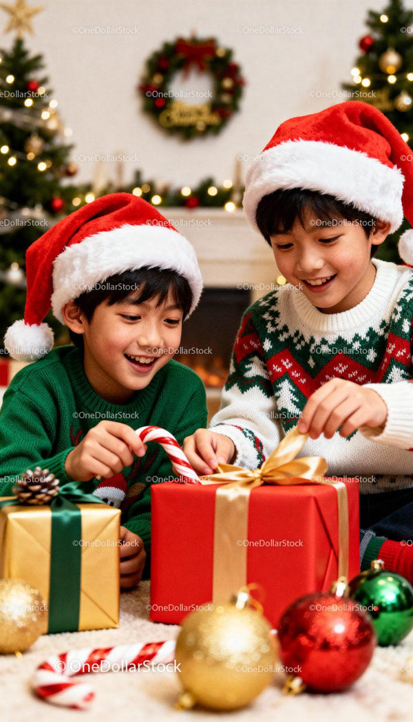 Two Boys Unwrapping Christmas Presents by Fireplace