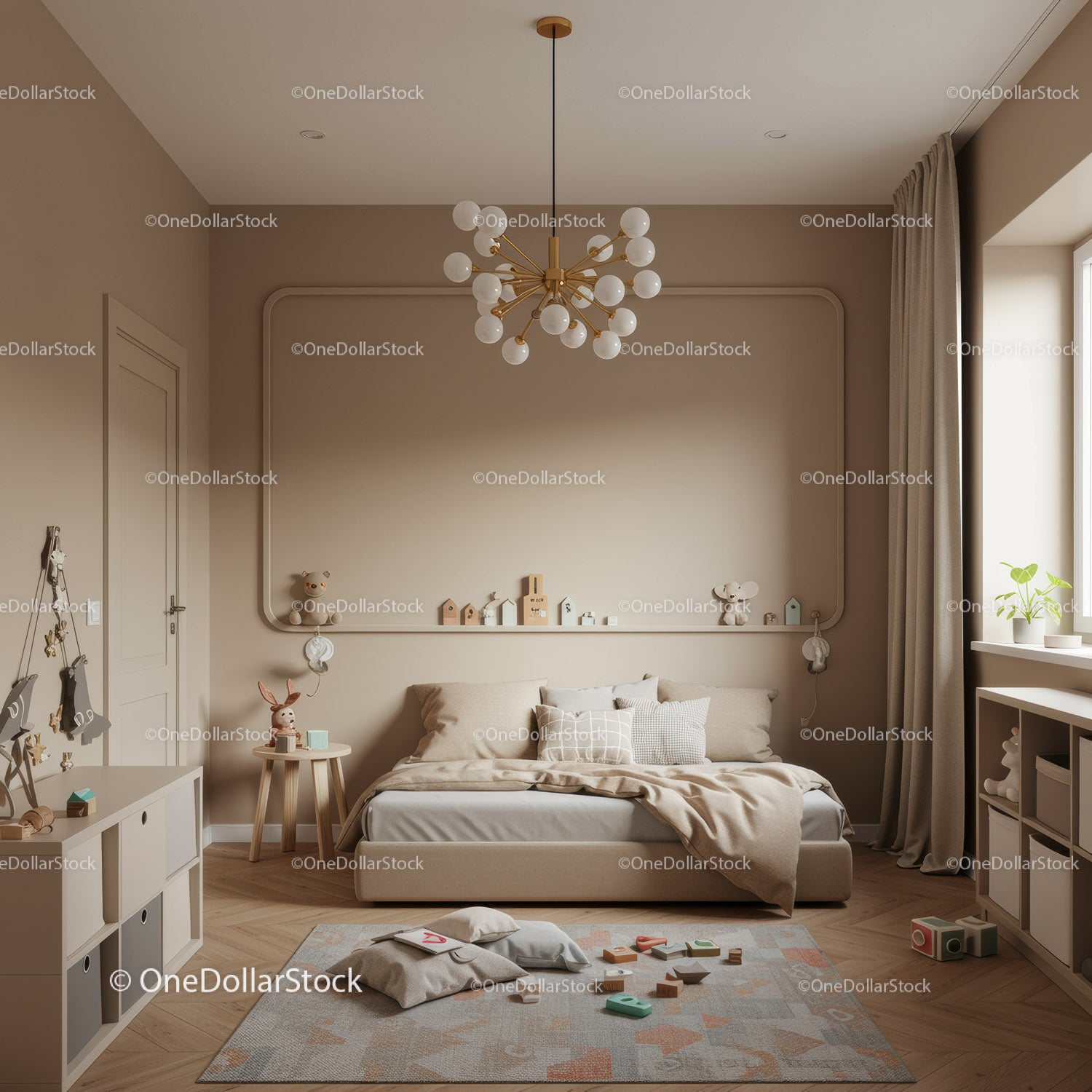 Cozy Neutral Bedroom for Kids with Plush Toys and Natural Light