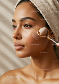 Woman Receiving Facial Massage with Rose Quartz Roller for Skin Rejuvenation