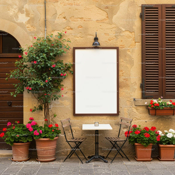 Cozy Outdoor Cafe Seating with Blossoming Flowers JPG Mockup Image