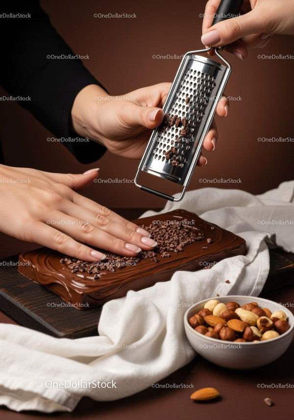 Chocolate Bar with Nuts and Cocoa Shavings in Food Preparation Scene