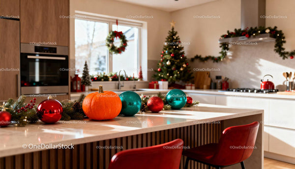 Cozy modern kitchen decorated for Christmas holidays