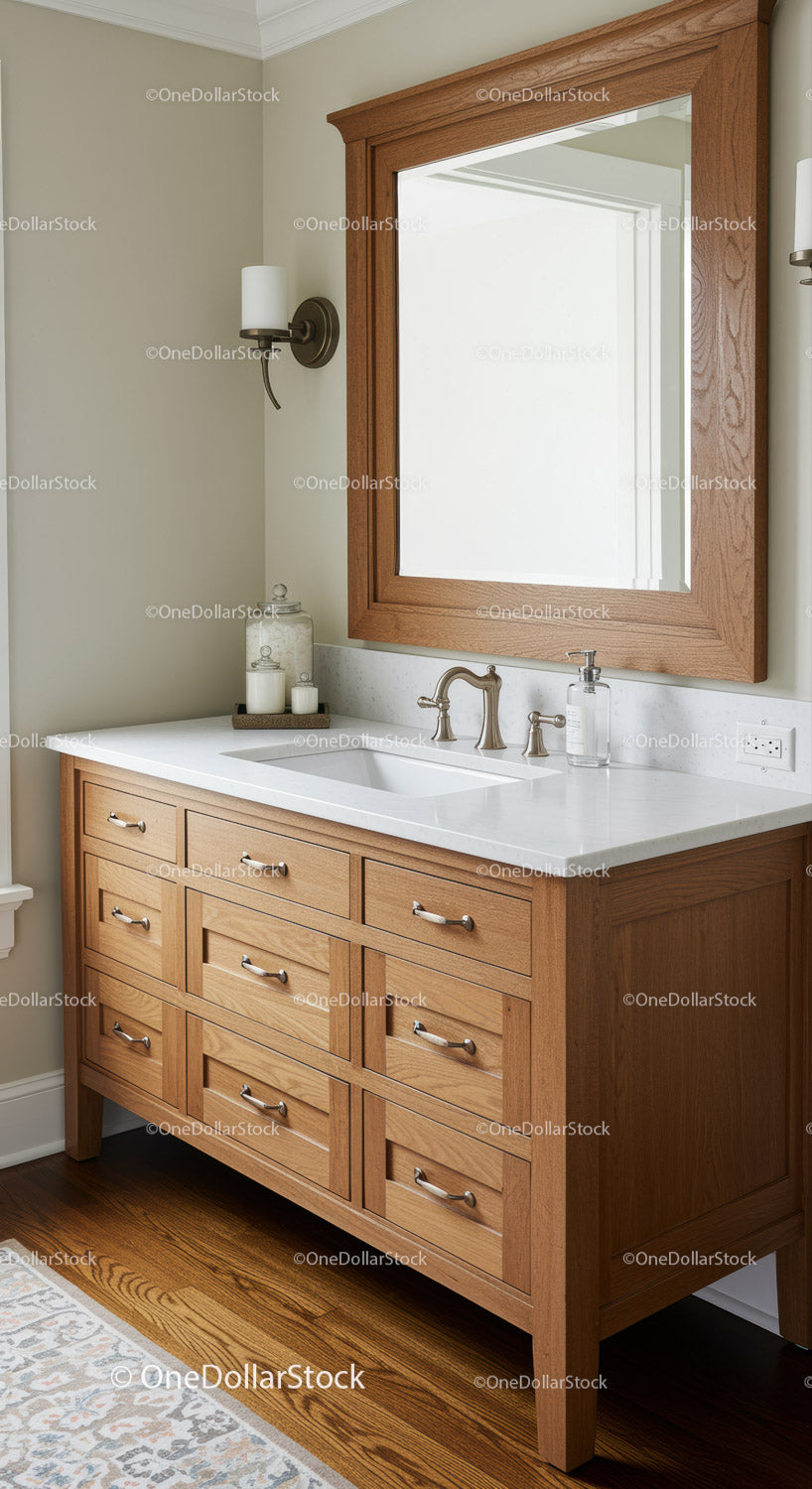 Wooden Bathroom Vanity with White Marble Top and Large Mirror