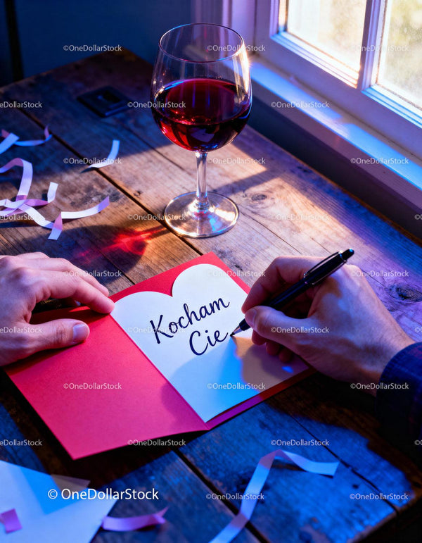 Writing a Romantic Valentine’s Card by Window with Wine