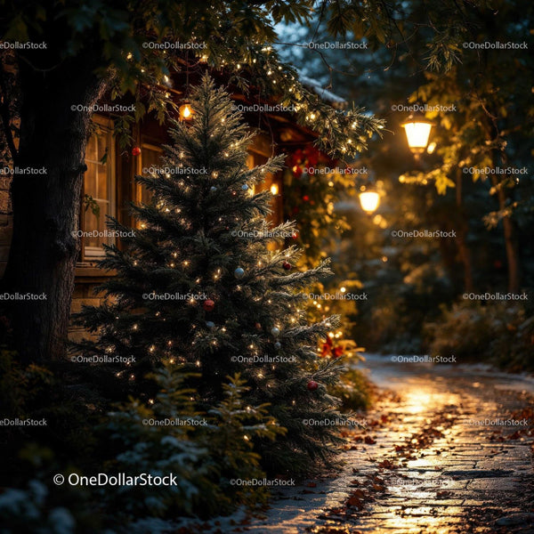 Cozy Christmas tree glowing on a quiet winter evening