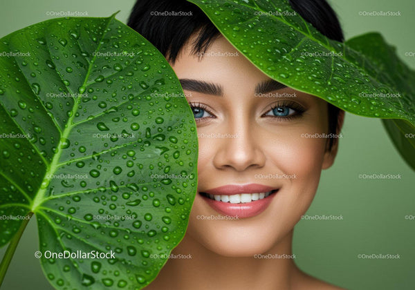 Close-Up of a Woman with Blue Eyes Behind Large Green Leaf with Water Droplets