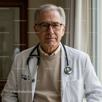 Senior Male Doctor in White Coat with Stethoscope in Clinical Setting