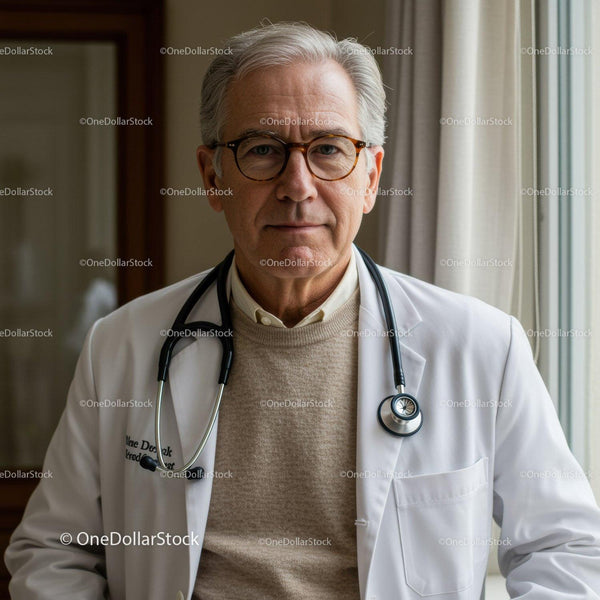 Starszy mężczyzna lekarz w białym fartuchu ze stetoskopem w warunkach klinicznych