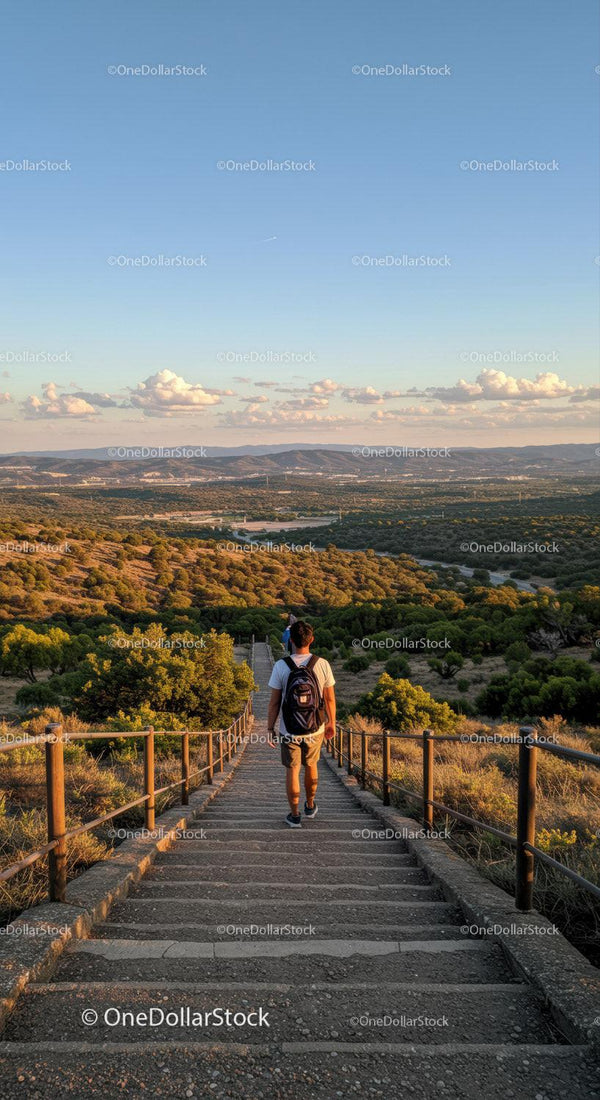 Young Man Hiking Down Mountain Trail During Golden Hour
