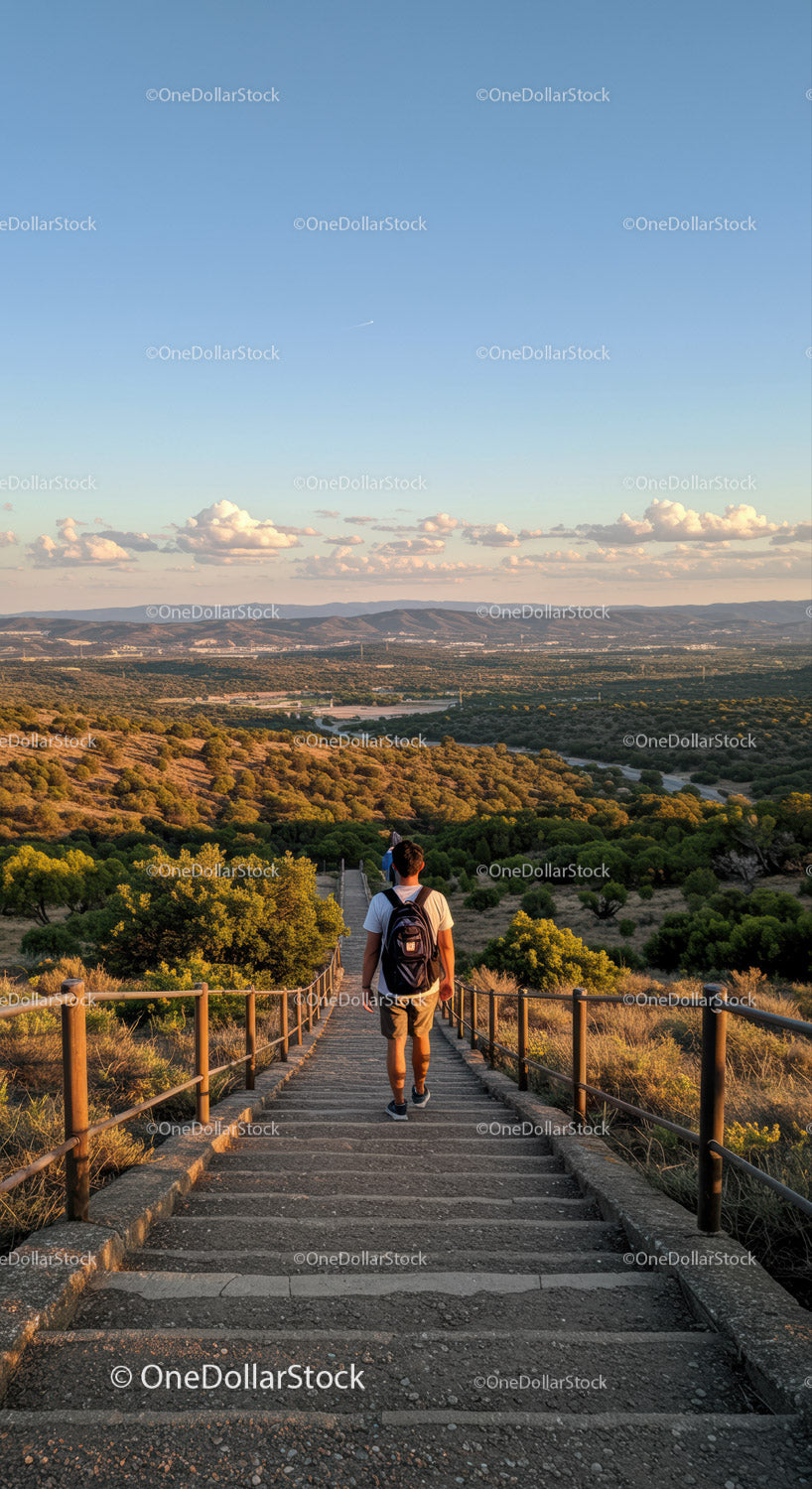 Young Man Hiking Down Mountain Trail During Golden Hour