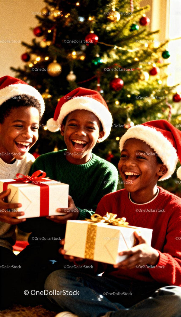 Joyful children exchanging Christmas gifts by decorated tree