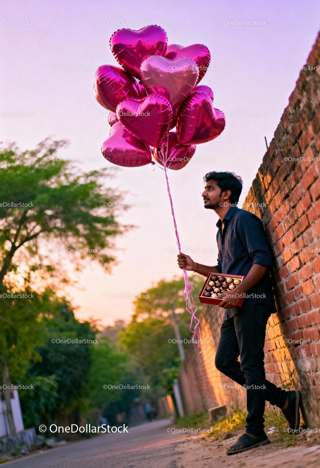 Man holding heart balloons and chocolates outdoors at sunset