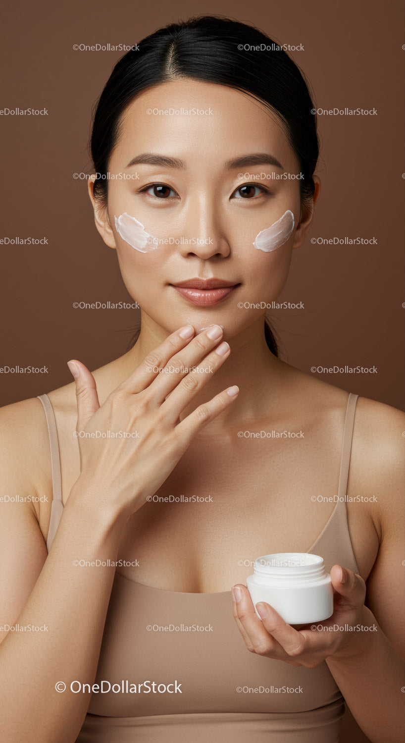 Young Asian Woman Applying Cream for Glowing Skin in Beauty Routine