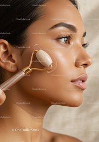 Close-up of Woman Using Facial Roller for Skincare Relaxation