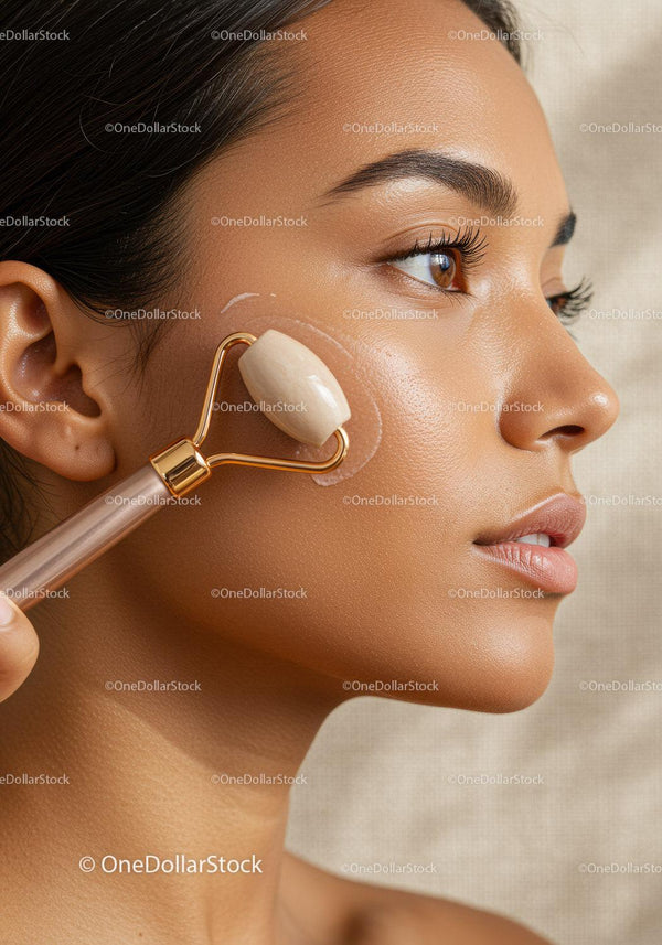 Close-up of Woman Using Facial Roller for Skincare Relaxation