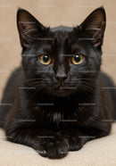 Close up of a black cat with amber eyes resting