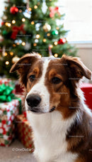 Thoughtful dog sitting near decorated Christmas tree