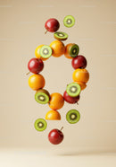 Floating fresh fruits forming question mark shape