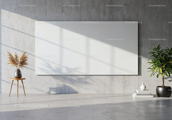 Minimalist interior with blank canvas and natural plants JPG Mockup Image