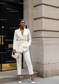 Confident woman in elegant white suit with gold accessories