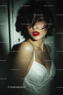 Elegant Woman with Red Lips in Stylish Evening Dress
